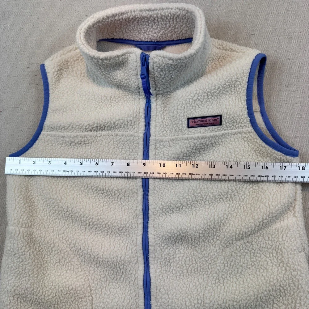 Vineyard Vines Size Large 14 Sherpa Fleece Vest Kids Cream Blue Full Zip Logo